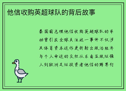 他信收购英超球队的背后故事
