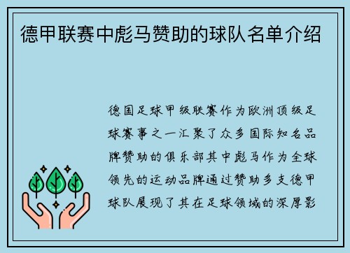 德甲联赛中彪马赞助的球队名单介绍
