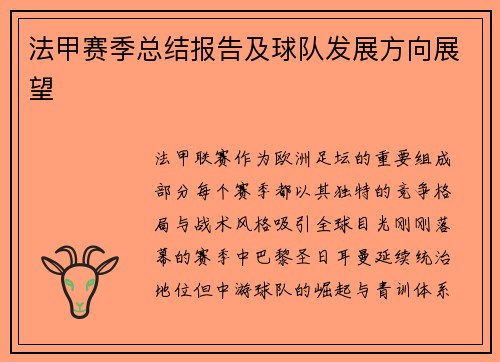 法甲赛季总结报告及球队发展方向展望